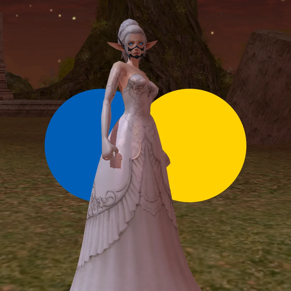 Elf character with white hair and facial tattoos wearing an ornate white gown, standing outdoors at dusk with blue and yellow circles behind her.