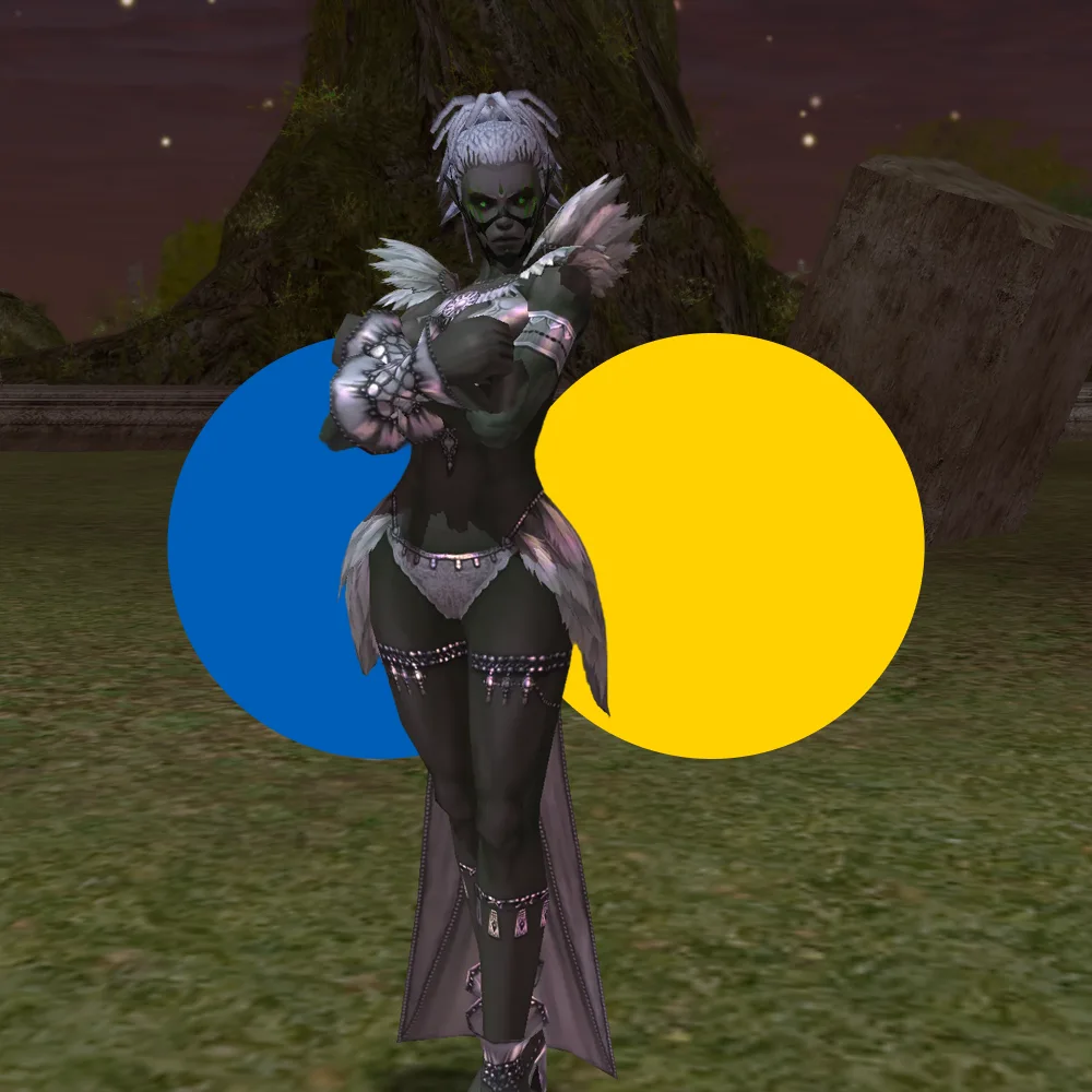 Fantasy character with dark skin and white hair wearing feathered armor standing with crossed arms in front of large blue and yellow circles outdoors.