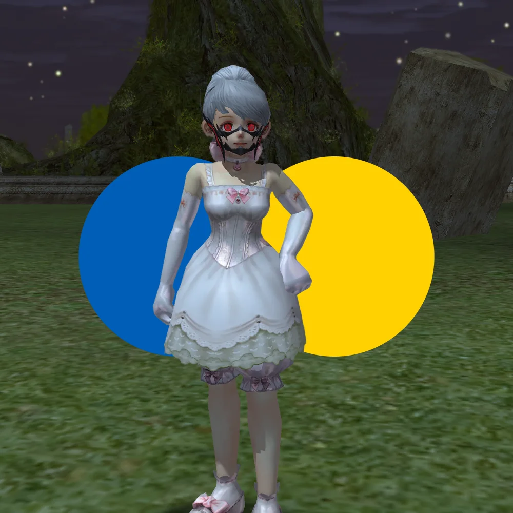 3D animated female character with pale skin and silver hair in a white dress, standing in front of large blue and yellow circles outdoors at night.
