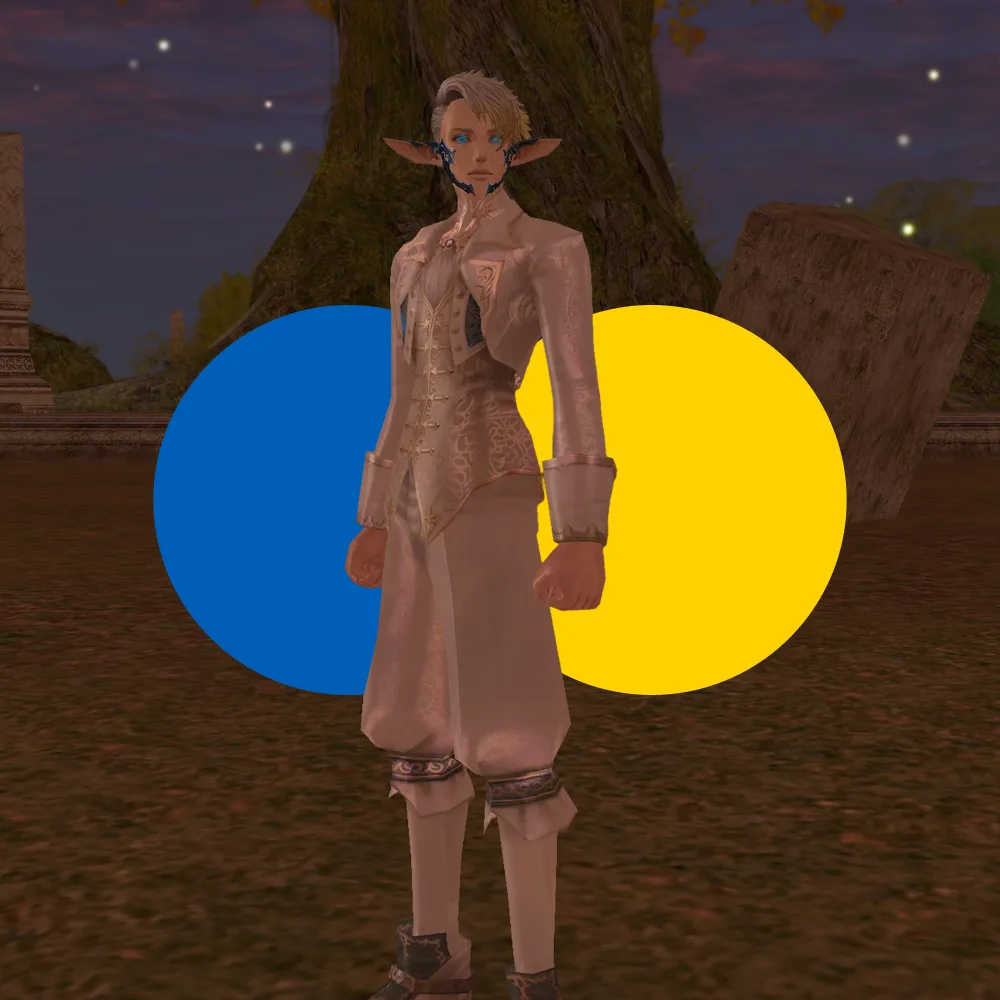 Fantasy character with blue eyes and pointed ears dressed in ornate light-colored medieval clothing standing outdoors at night in front of a tree with two overlapping circles, one blue and one yellow.