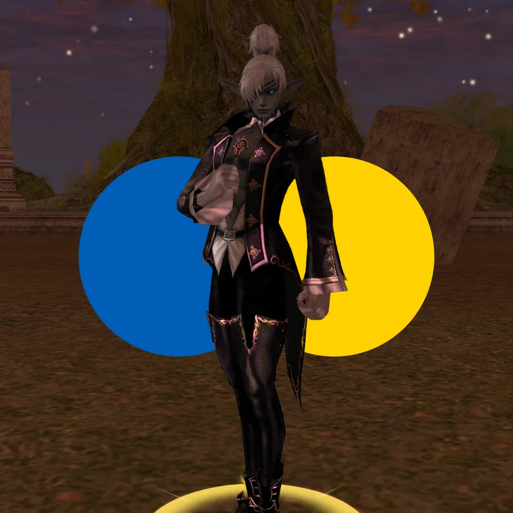 Dark-skinned elf character with white hair in a detailed black and gold outfit standing on a glowing circle with blue and yellow circles behind them.