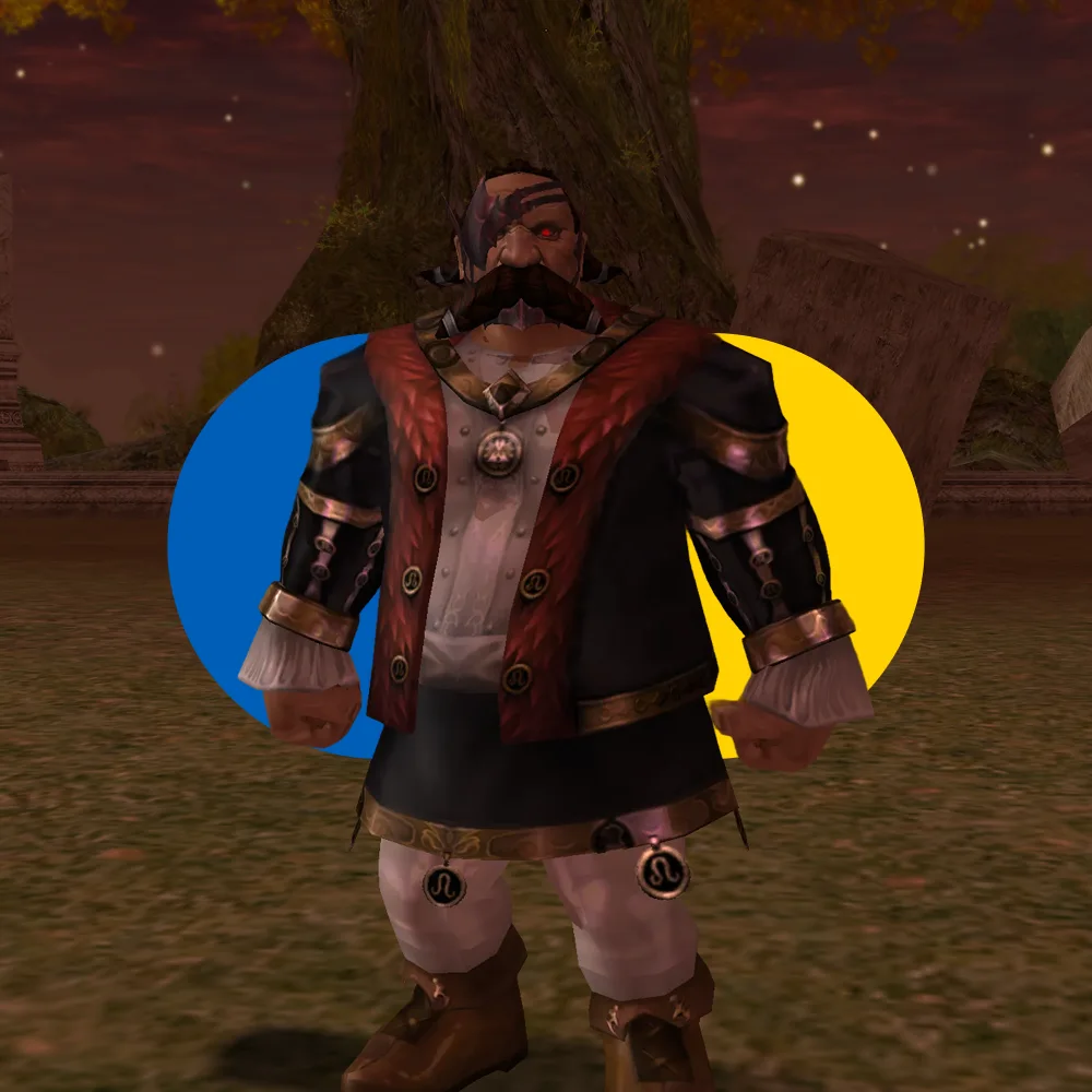 Stocky fantasy character with a large mustache, red eye patch, and medieval-style clothing standing outdoors at dusk.