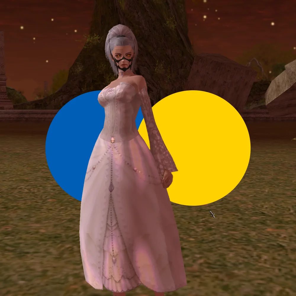 Female character with white hair and a mask wearing a detailed white gown standing outdoors with blue and yellow circles behind her.