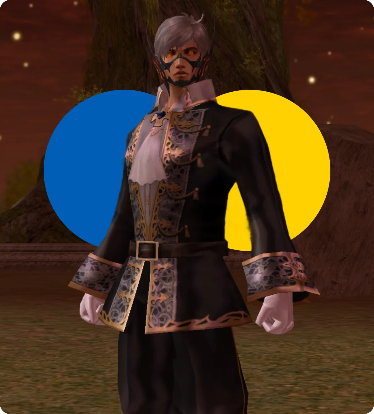 Character with gray hair and orange eyes wearing an ornate black and gold jacket with lace detail, standing in front of overlapping blue and yellow circles.