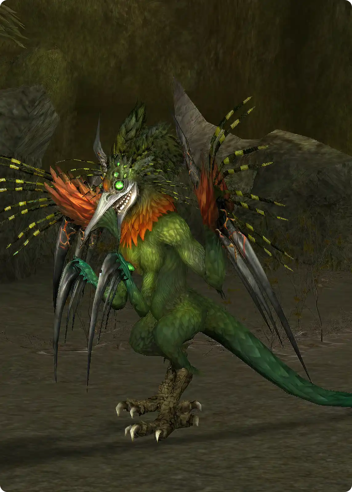 Green, bird-like creature with clawed feet, sharp elongated fingers, orange feather collar, glowing green eyes, and wings in a cave setting.